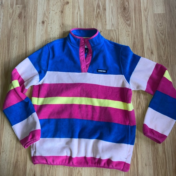 Lands End Heritage Stripe Fleece Snap Neck Pullover Top Sweater Jacket sz Medium - Picture 5 of 8